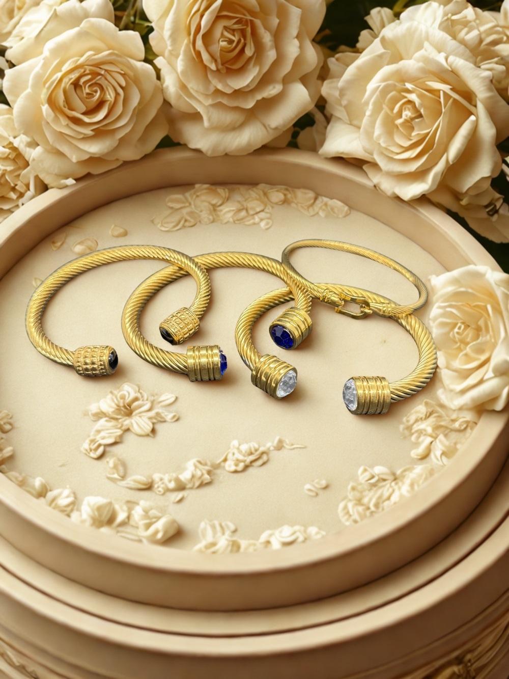 💛18k Gold-Plated Cable Cuff Bangles w/Gemstone Endcaps & Horseshoe Buckle Bangle